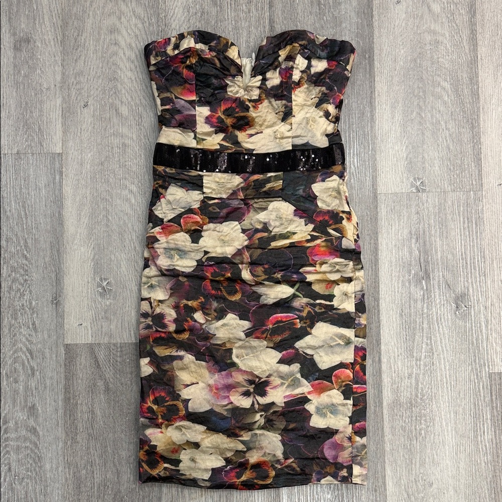 Nicole Miller Vintage Strapless Dress - Black and Cream floral print